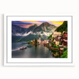 Framed wall art collection showcasing serene village landscapes with vibrant colors, featuring a white mat and sleek frame, ideal for home decor enhancement.