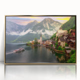 Framed acrylic wall art collection showcasing a vibrant landscape village design with gold accents, ideal for modern home decor and enhancing interior aesthetics.