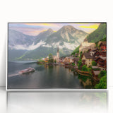 Framed acrylic wall art collection showcasing vibrant landscapes and village scenes, featuring a sleek white frame, perfect for modern home decor.