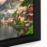 Framed canvas wall art featuring a vibrant village landscape design with intricate details, showcasing lush greenery and charming houses, ideal for home decor.