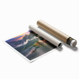 Rolled print showcasing an intricate landscape and village design, featuring vibrant colors and details, ideal for enhancing home decor aesthetics.