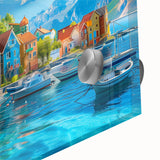 Close-up of a vibrant acrylic glass artwork depicting a serene village landscape, showcasing lush greenery, quaint houses, and a clear blue sky, perfect for home decor.
