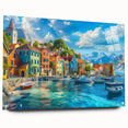 Acrylic glass wall art collection showcasing vibrant landscapes and village designs, presented in a side view with decorative pins, ideal for modern decor.