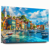 Acrylic wall art collection showcasing side view of serene village landscapes, featuring vibrant colors and intricate details, perfect for home decor.