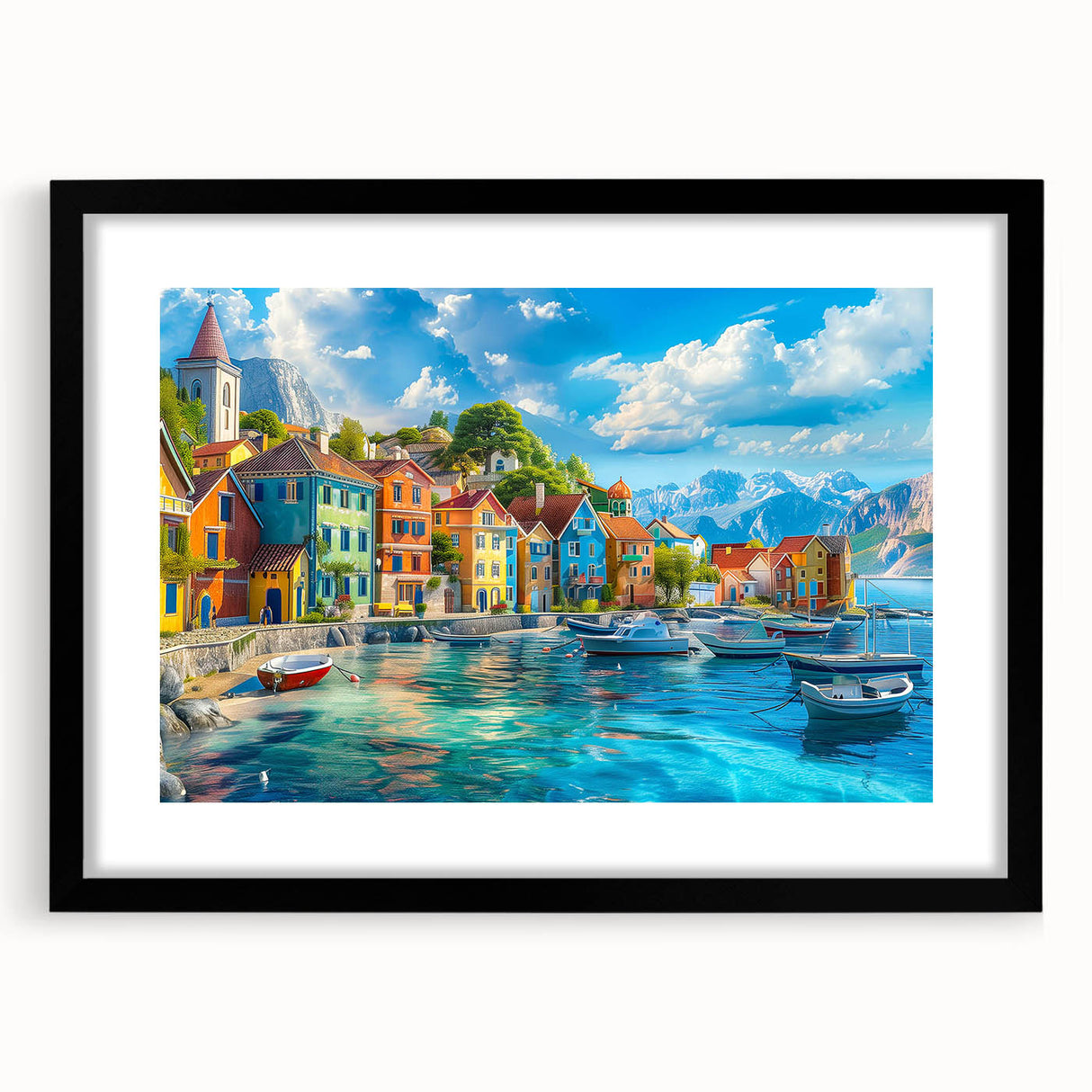 Framed wall art collection showcasing a serene village landscape design, featuring a black frame and mat, ideal for enhancing home decor with a touch of tranquility.