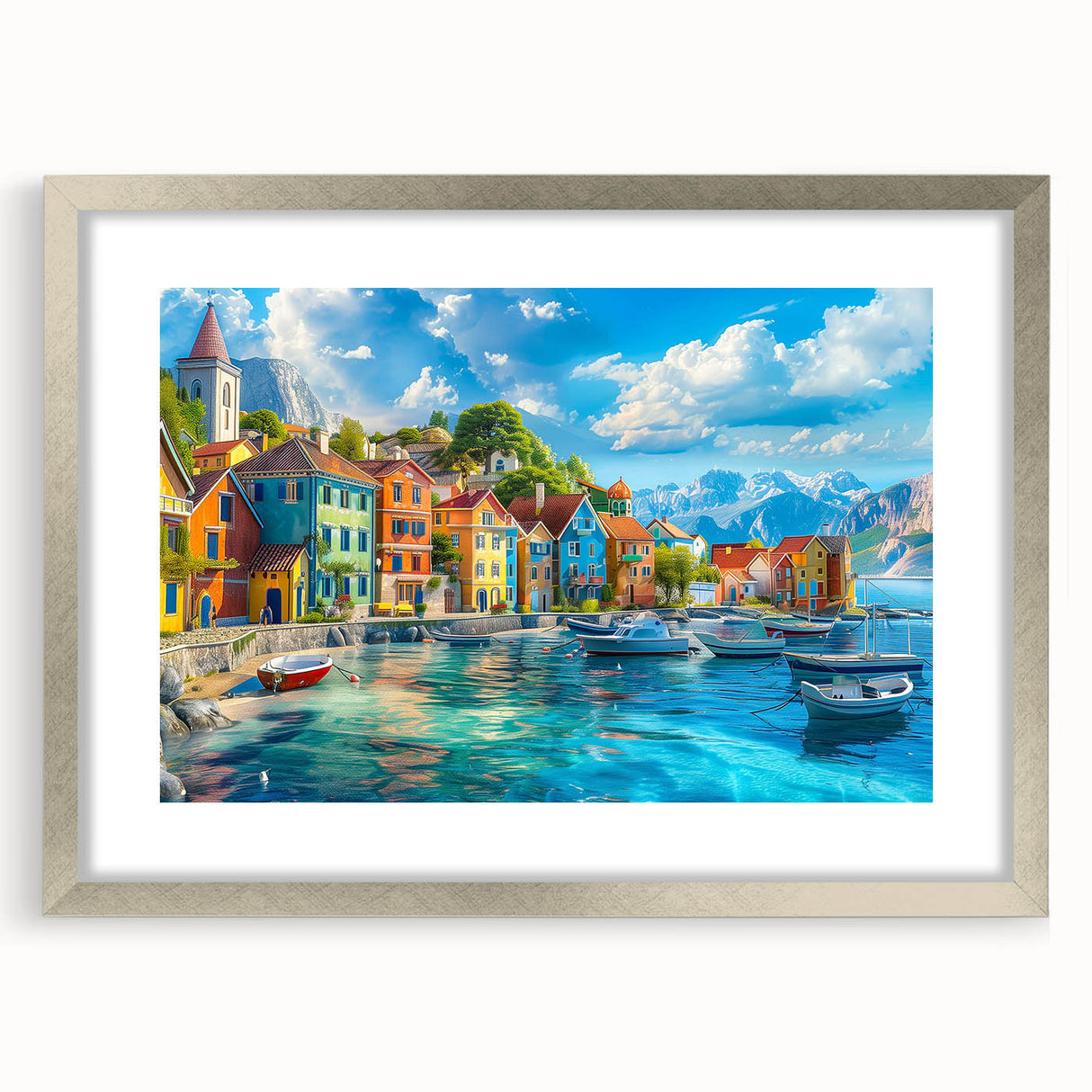 Silver-framed landscape wall art collection featuring vibrant village scenes, elegantly matted for display. Ideal for modern home decor and art enthusiasts.