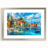 Silver-framed landscape wall art collection featuring vibrant village scenes, elegantly matted for display. Ideal for modern home decor and art enthusiasts.