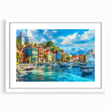 Framed landscape wall art collection featuring picturesque village scenes, displayed in a sleek white frame with a mat, ideal for home decor and aesthetic enhancement.