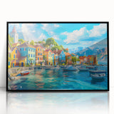 Framed acrylic wall art showcasing a picturesque village landscape with vibrant colors and intricate details, set against a sleek black frame for modern decor.