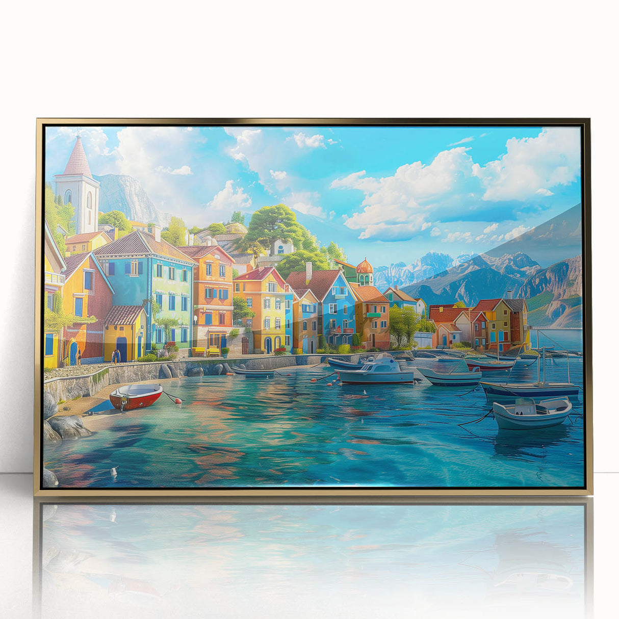 Framed acrylic wall art showcasing a picturesque village landscape with vibrant colors and intricate details, featuring a gold frame that enhances its elegance. Perfect for home decor or office settings.