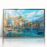 Framed acrylic wall art showcasing a serene village landscape design with silver accents, adding elegance to home decor, perfect for artistic interiors.