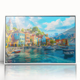 Framed acrylic wall art featuring a vibrant landscape village design, showcasing detailed scenery with lush greenery and colorful homes, ideal for home decor.