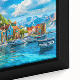 Close-up of a framed canvas wall art showcasing a vibrant landscape village design, featuring rich colors and intricate details, perfect for home decor.