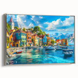 Framed canvas wall art showcasing a serene village landscape design in soft pastel colors, elegantly fitted with a sleek silver frame, perfect for home decor.