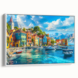 Framed canvas wall art depicting a serene village landscape with vibrant colors, showcasing lush greenery and quaint houses, ideal for home decor.