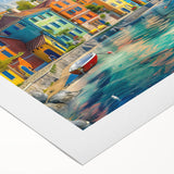 Colorful rolled canvas showcasing a vibrant landscape village design, ideal for home decor. Features intricate details and textures, perfect for art enthusiasts.