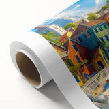 Rolled canvas depicting a vibrant landscape village scene with colorful houses and lush greenery, ideal for home decor, enhancing any living space with artistic charm.