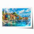 Rolled print showcasing a serene village landscape with vibrant colors, ideal for home decor, presented in a protective cardboard tube for safe delivery.
