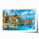 Rolled print showcasing a serene village landscape with vibrant colors, ideal for home decor, presented in a protective cardboard tube for safe delivery.