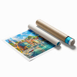 Vibrant rolled canvas print showcasing a picturesque village landscape design with colorful homes and lush greenery, ideal for home decor and art enthusiasts.