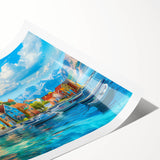 Rolled canvas print showcasing a vibrant landscape village scene, featuring lush greenery and quaint houses, ideal for enhancing home decor with artistic charm.