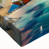 Close-up of a stretched canvas wall art piece showcasing a vibrant landscape design with villages, featuring rich colors and intricate details, perfect for home decor.