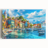 Stretched canvas wall art showcasing a vibrant village landscape design, featuring colorful houses and lush greenery, perfect for home decor and artistic flair.