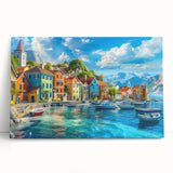 Stretched canvas wall art featuring a serene village landscape design with vibrant colors and intricate details, perfect for home decor or artistic ambiance.
