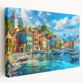 Stretched canvas wall art showcasing a vibrant village landscape design, featuring rich colors and intricate details, perfect for home decor enhancement.