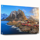 Acrylic wall art featuring a vibrant landscape of a picturesque village, showcasing intricate details and colors. The artwork is displayed from a side view, secured with pins, emphasizing its modern design and suitability for contemporary home decor.