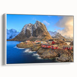 Framed canvas wall art showcasing a serene village landscape in soft pastel colors, elegantly presented in a white frame, perfect for home decor.