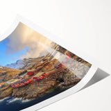 Rolled print showcasing a vibrant landscape village design, featuring lush greenery and colorful houses, ideal for home decor or art collection.