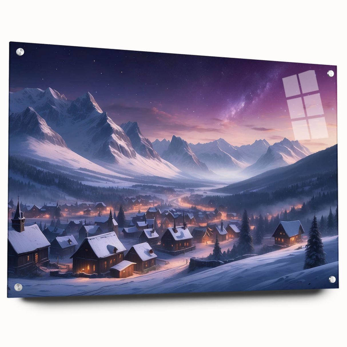 Acrylic glass wall art showcasing a vibrant landscape village design, featuring colorful houses and natural surroundings, displayed with decorative pins on a wall.
