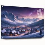 Acrylic glass wall art showcasing a vibrant landscape village design, featuring colorful houses and natural surroundings, displayed with decorative pins on a wall.