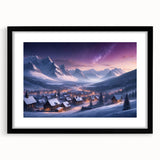 Framed black wall art featuring a picturesque village landscape design, showcased with a white mat, ideal for home decor and enhancing interior aesthetics.