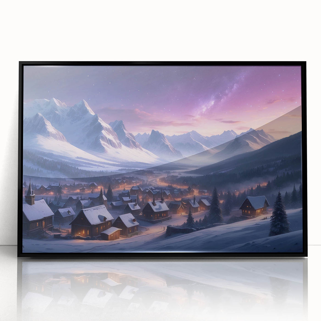 Framed acrylic wall art showcasing a vibrant landscape village design with black border, perfect for home decor. Ideal for enhancing any living space with artistic flair.