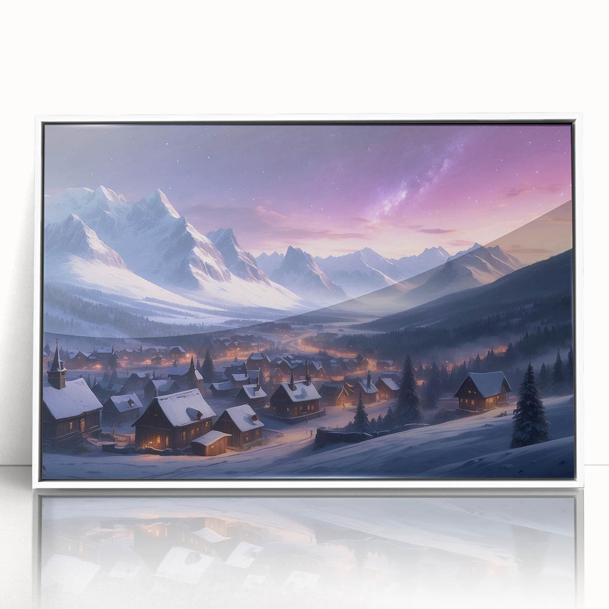 Framed acrylic wall art depicting a serene village landscape, featuring soft pastel colors and intricate details, perfect for enhancing home decor.