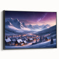 Framed canvas artwork depicting a serene village landscape in vibrant colors, showcasing intricate details and texture, ideal for home decor in modern settings.