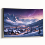Framed canvas wall art showcasing a serene landscape with a quaint village scene, highlighted by silver accents and detailed brushwork, perfect for home decor.