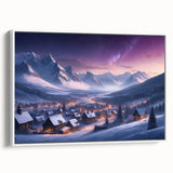 Framed wall art featuring a serene landscape of a village, showcasing vibrant green hills and a clear blue sky, perfect for home decor or office ambiance.