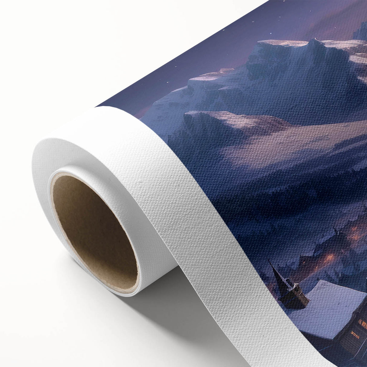 Rolled canvas featuring a vibrant landscape painting of a quaint village, showcasing lush greenery and a serene sky, ideal for home decor and art enthusiasts.