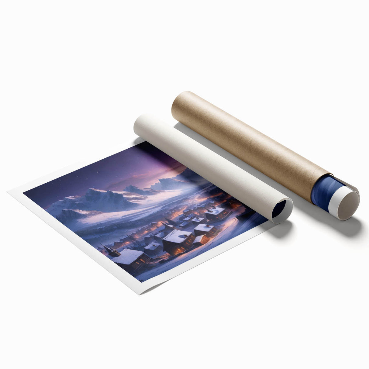 Rolled print of a vibrant village landscape featuring lush greenery, quaint houses, and a serene sky, perfect for home decor and art enthusiasts.