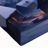 Close-up of a vibrant stretched canvas featuring a picturesque village landscape design, showcasing lush greenery and charming houses, perfect for home decor.