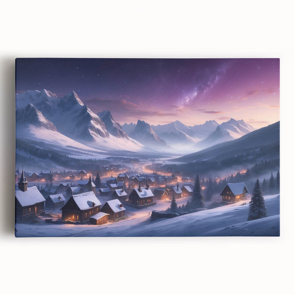 Stretched canvas wall art showcasing a vibrant landscape village design with rich colors and intricate details, perfect for home decor and artistic display.