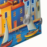 Close-up of a vibrant acrylic glass wall art piece showcasing a serene village landscape, featuring lush greenery and soft pastel hues, ideal for home decor.