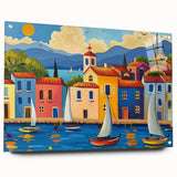Acrylic glass wall art featuring a vibrant village landscape design, showcasing intricate details and colors. Side view highlights mounting pins for easy display.