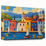 Acrylic glass wall art showcasing a vibrant village landscape design with rich colors and intricate detailing, presented in a side view without mounting pins, perfect for home decor.