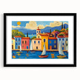 Framed wall art showcasing a serene village landscape design with vibrant colors, featuring a black frame and mat, perfect for enhancing home decor.