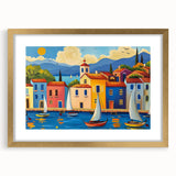 Framed wall art featuring a picturesque landscape village design, elegantly presented with a gold frame and mat, perfect for home decor. The artwork showcases vibrant colors and intricate details, enhancing any living space ambiance.