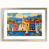 Framed wall art featuring a serene landscape village design with a silver mat, perfect for home decor, showcasing vibrant colors and intricate details.